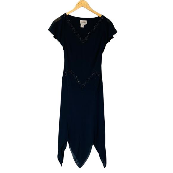 Adrianna Papell Beaded Handkerchief Hem V Neck Dress Size 6 Navy - Picture 1 of 6